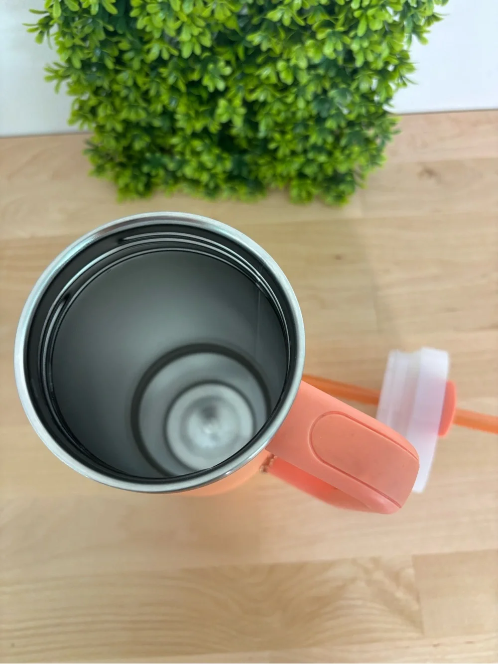 Stanley Coral Orange Travel Mug with Handle and Reusable Straw
